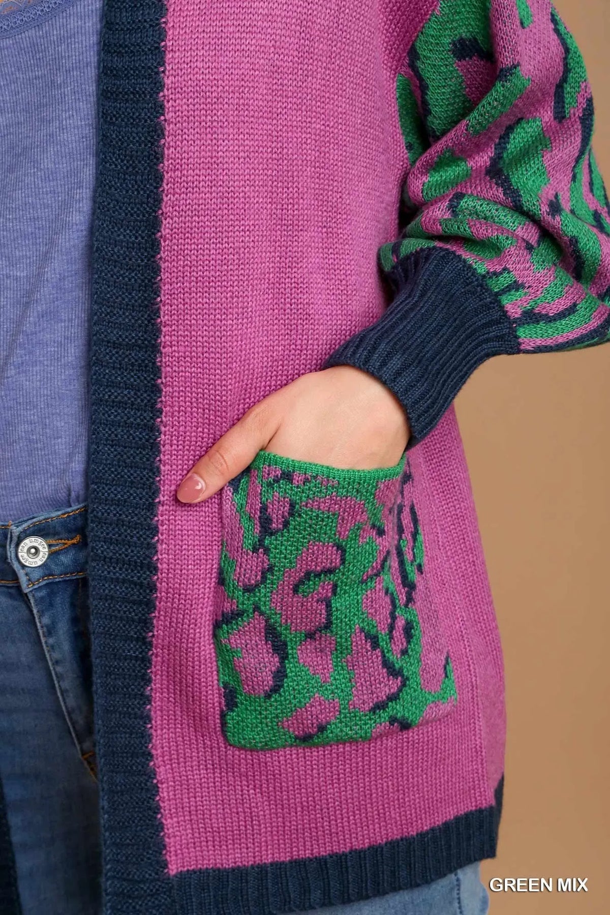 Animal Print Open Front Cardigan in Green detail