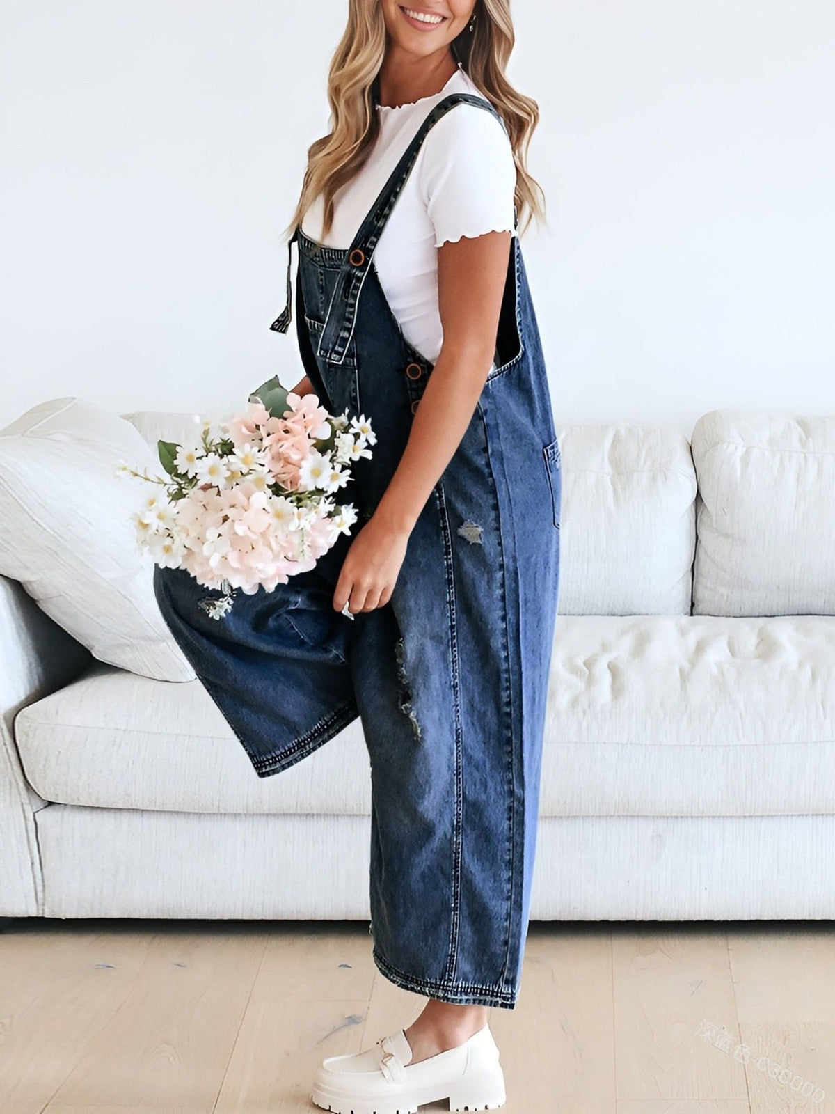 Distressed wide leg overalls styling