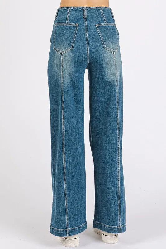Mittoshop Medium Wash Seam Detail Wide Leg Denim Jeans - Fashorio