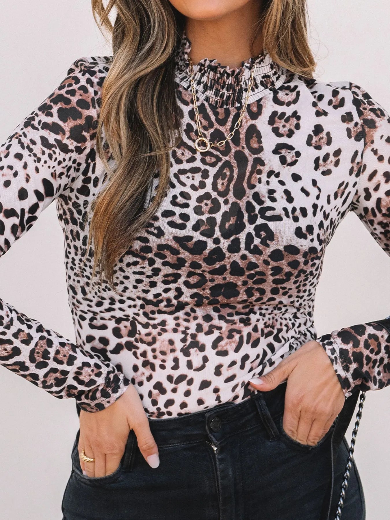 Leopard Print Long Sleeve Mock Neck Bodysuit - Fashorio