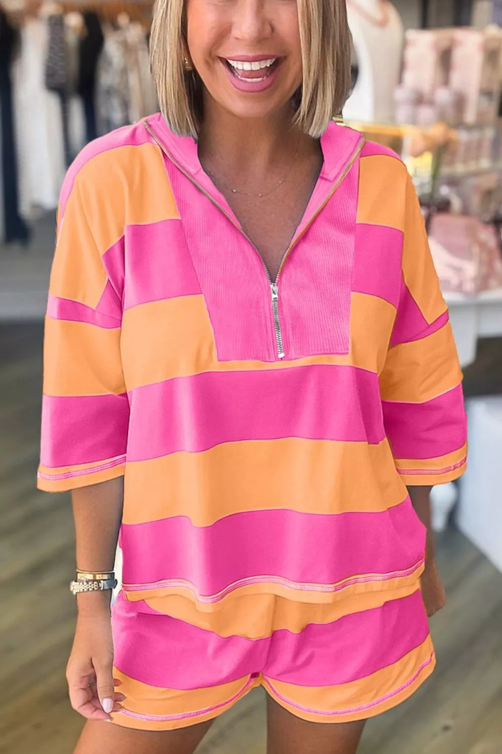 Striped long sleeve top with zipper detail