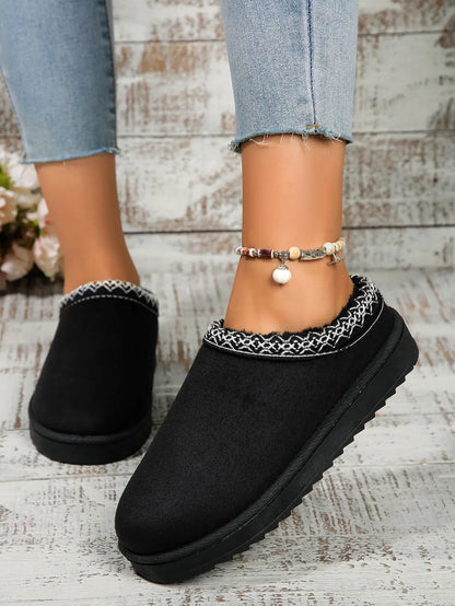 Round Toe Platform Slippers Black - Fashorio