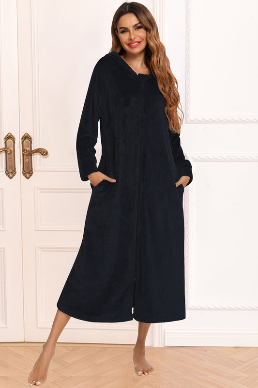 Zip Front Hooded Night Dress with Pockets Black - Fashorio