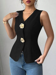 V-Neck Button Detail Tank Top Black - Fashorio