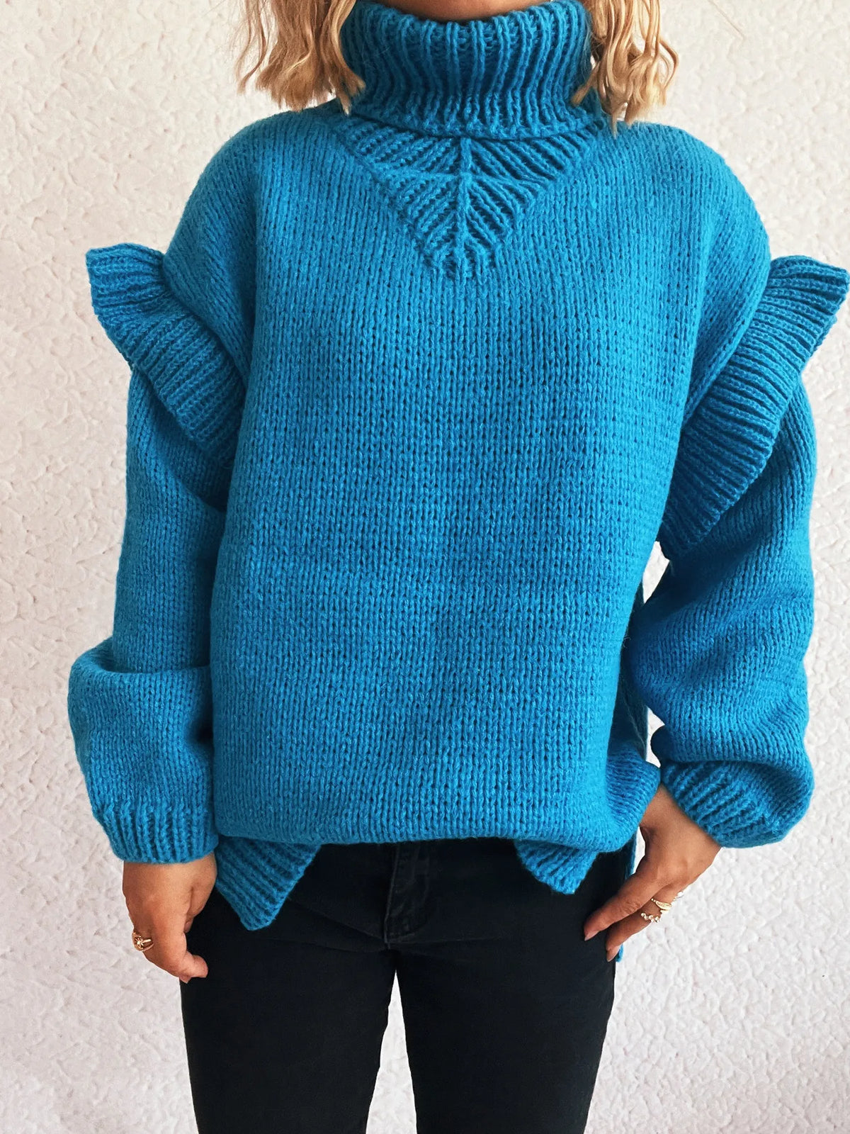 Ruffled turtleneck long sleeve sweater styled look