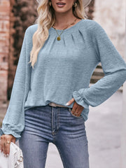 Round Neck Long Sleeve Casual T-Shirt Light Blue - Fashorio