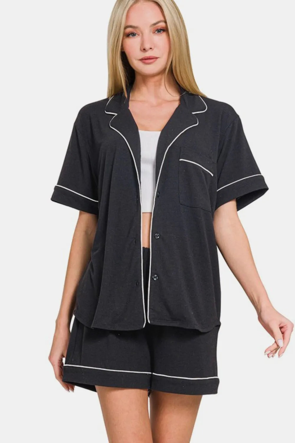 Zenana Button Down Short Sleeve Top and Shorts Lounge Set Black - Fashorio