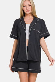 Zenana Button Down Short Sleeve Top and Shorts Lounge Set Black - Fashorio