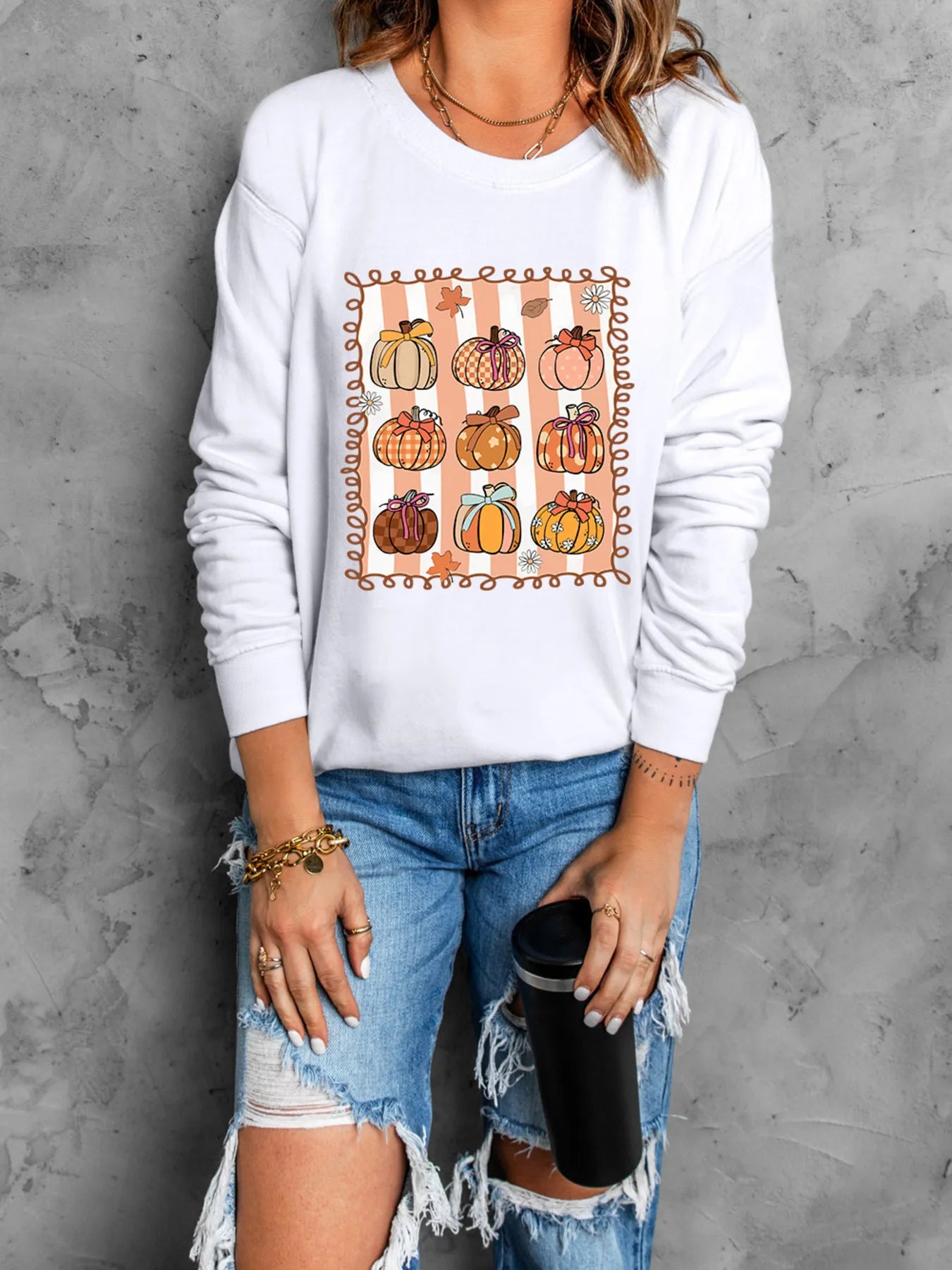 Pumpkin Graphic Round Neck Sweatshirt - Fashorio