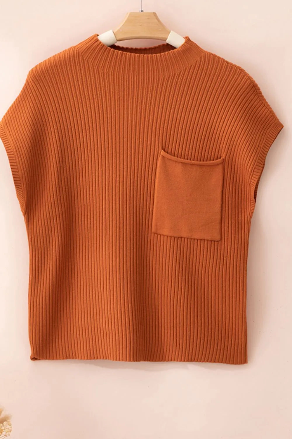 Mock Neck Sweater Vest with Chest Pocket in Caramel on model