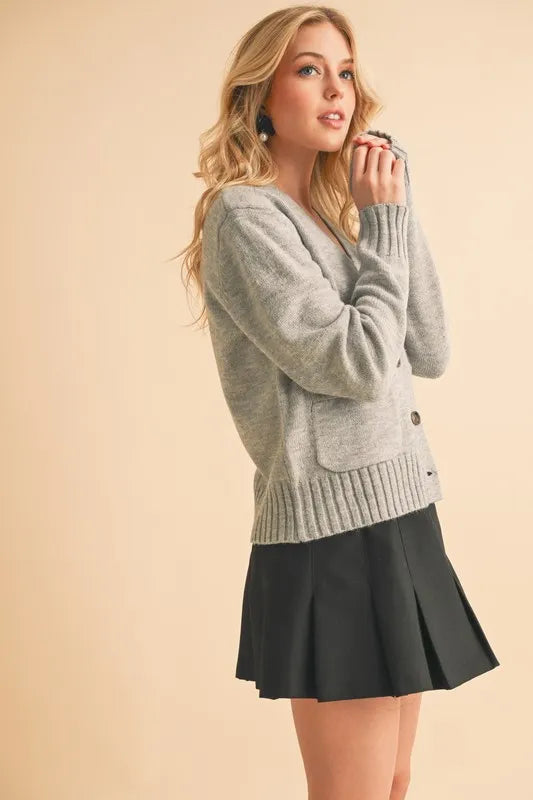 Aemi + Co Ribbed Hem Button Down V-Neck Cardigan - Fashorio