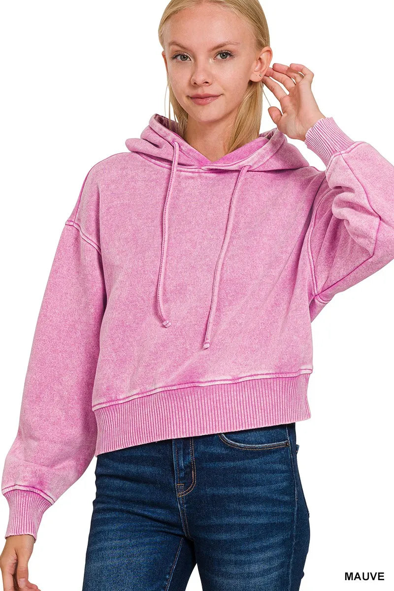Zenana Acid Wash Fleece Drawstring Cropped Hoodie MAUVE - Fashorio