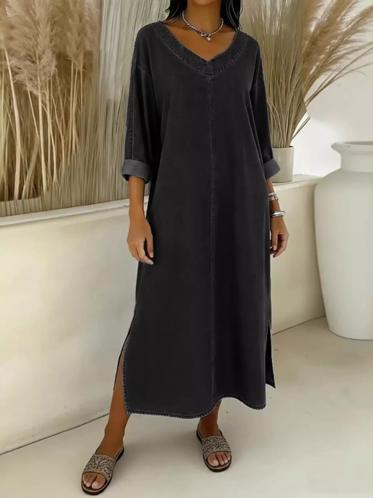 Side slit V neck long sleeve midi dress front view