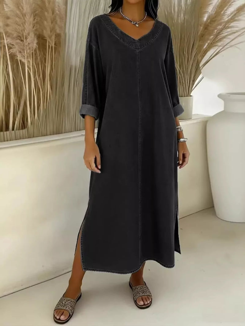 Side slit V neck long sleeve midi dress front view