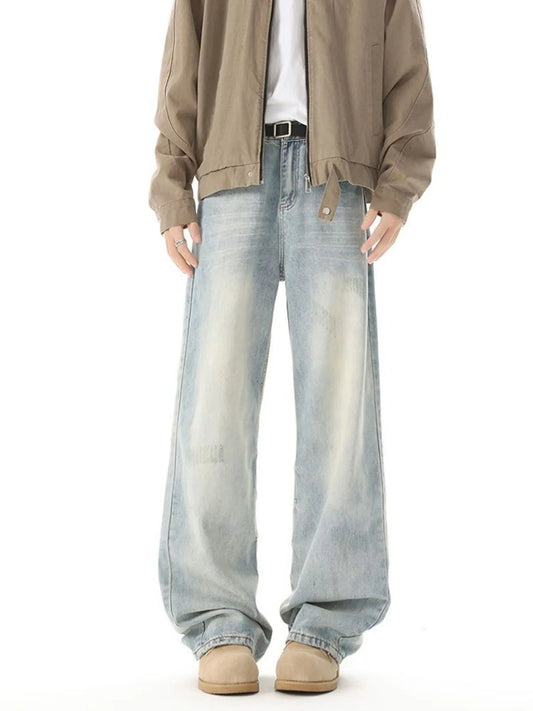 Men's High Waisted Washed Wide Leg Jeans Blue - Fashorio