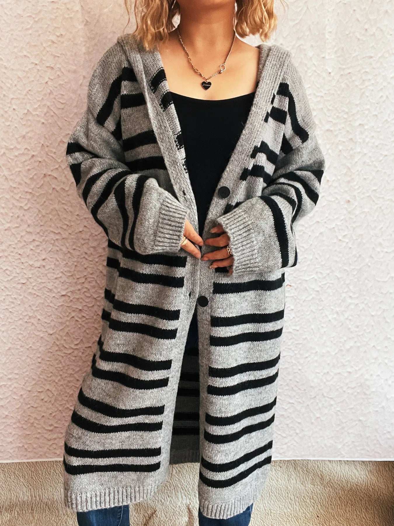 Striped Open Front Hooded Cardigan Grey One Size - Fashorio