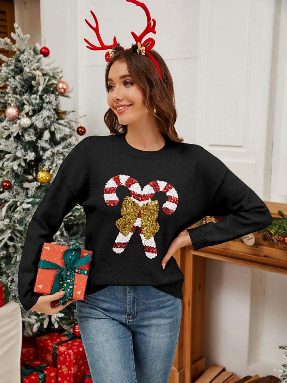 Sequin Candy Cane Round Neck Sweater close up