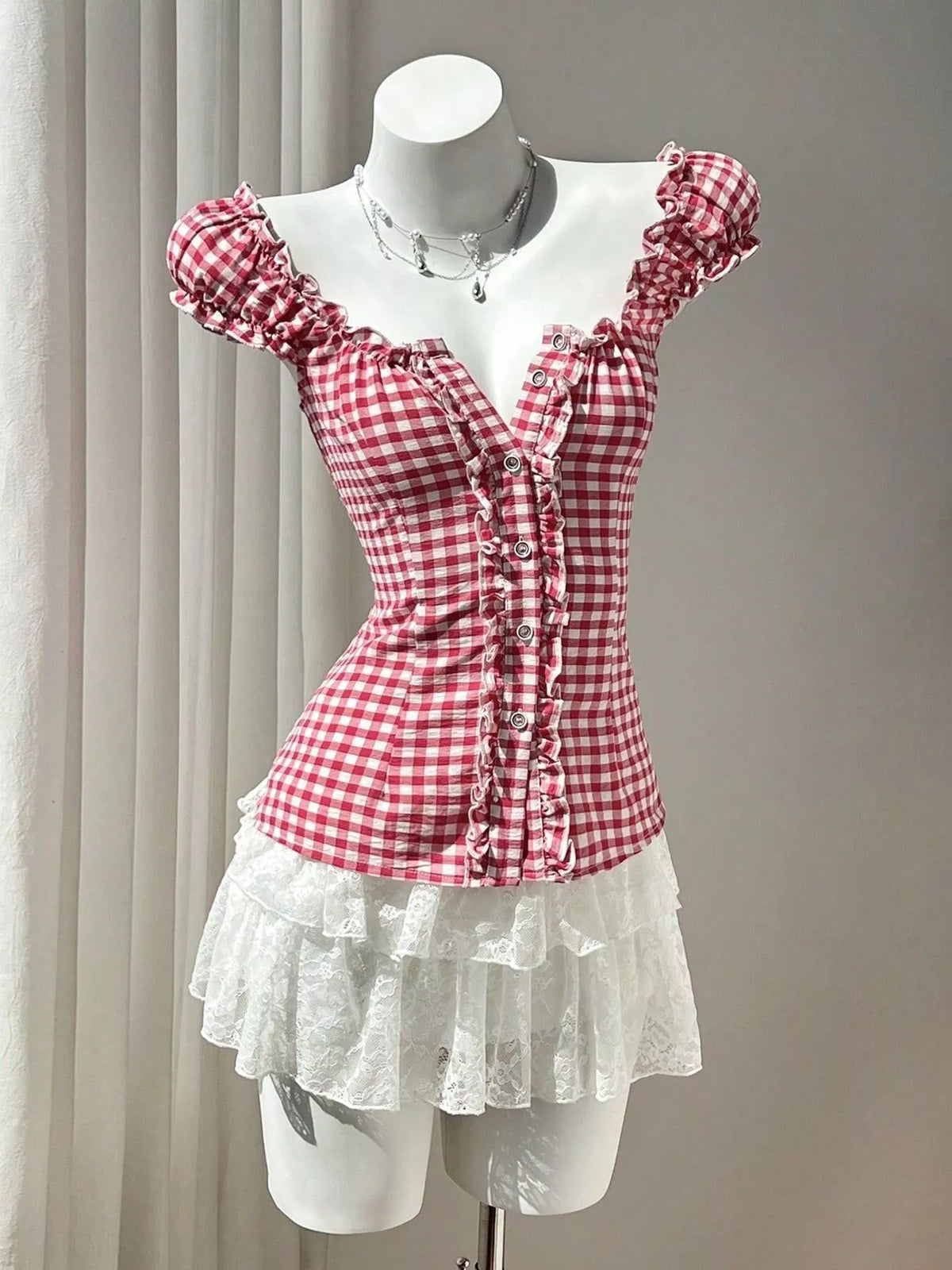 Lace up front detail on gingham blouse