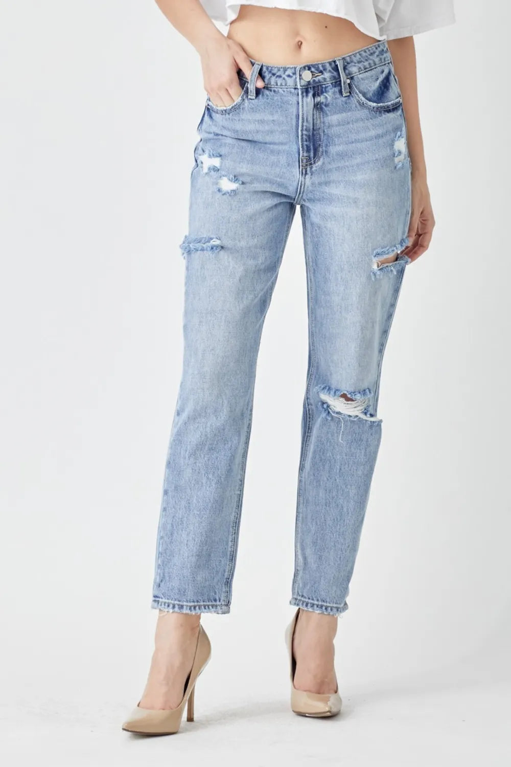 RISEN Distressed Slim Cropped Jeans – Trendy Full Size Denim - Fashorio