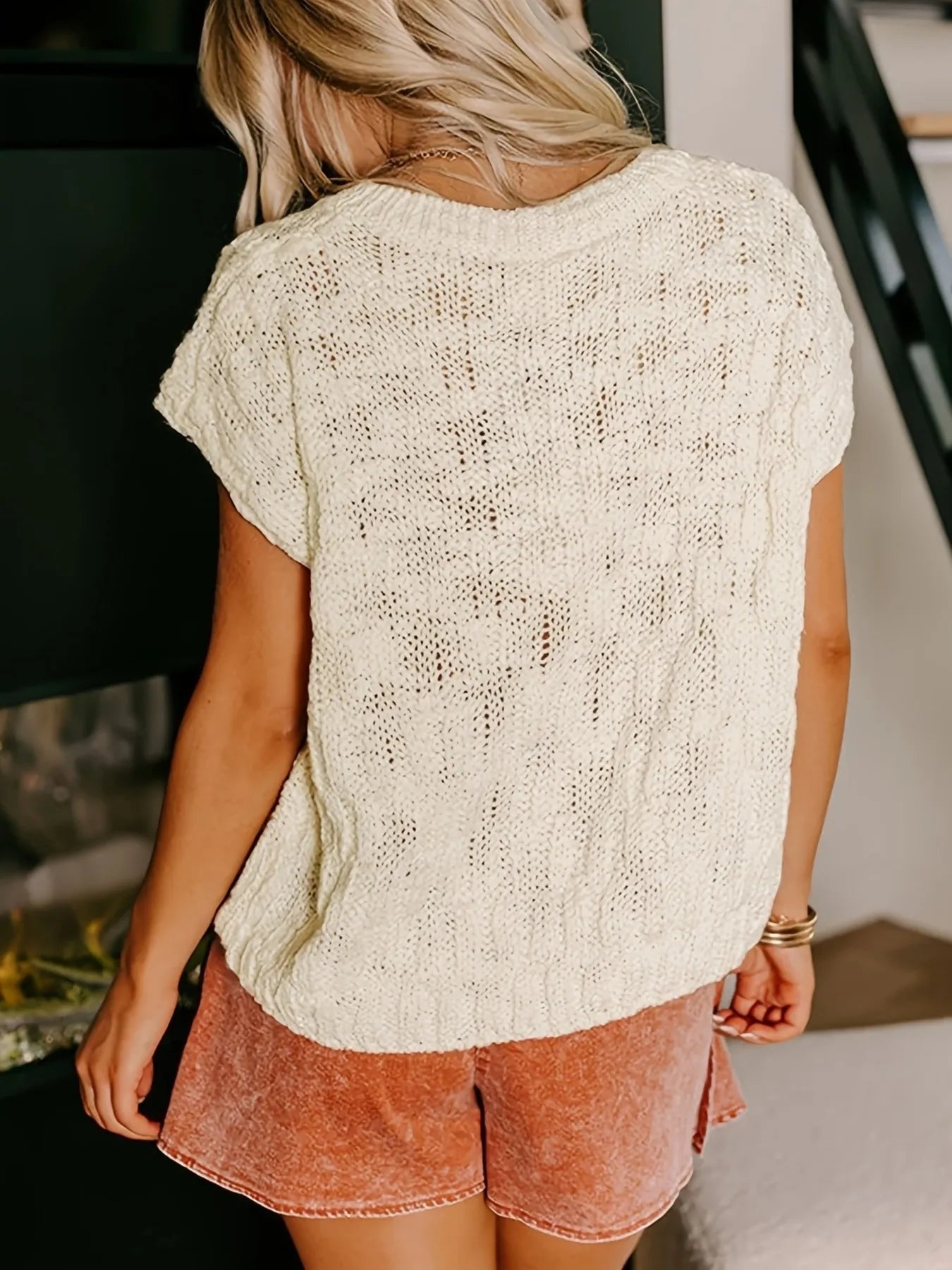 Notched Short Sleeve Sweater - Fashorio