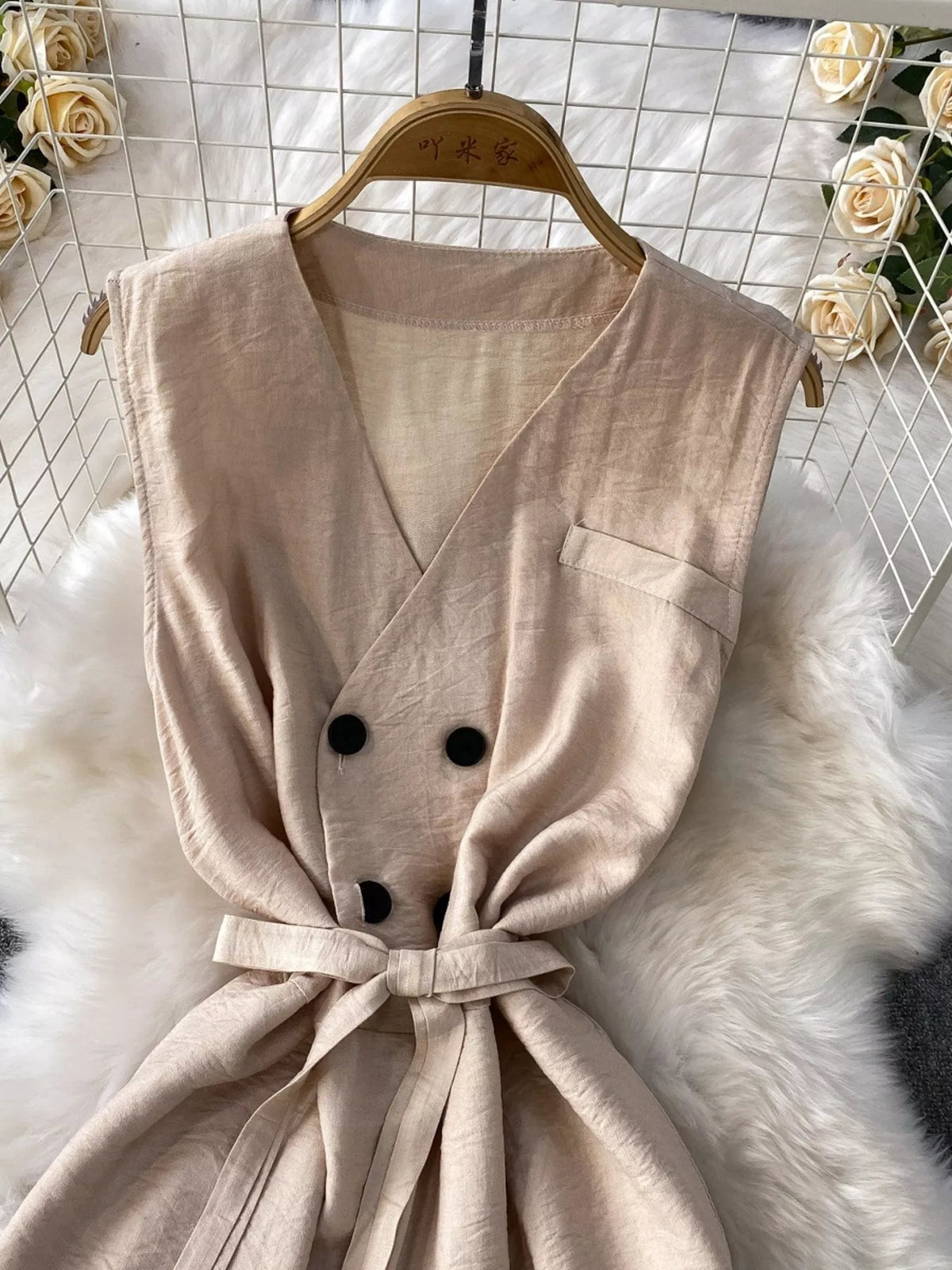 Brown belted wide leg jumpsuit front view