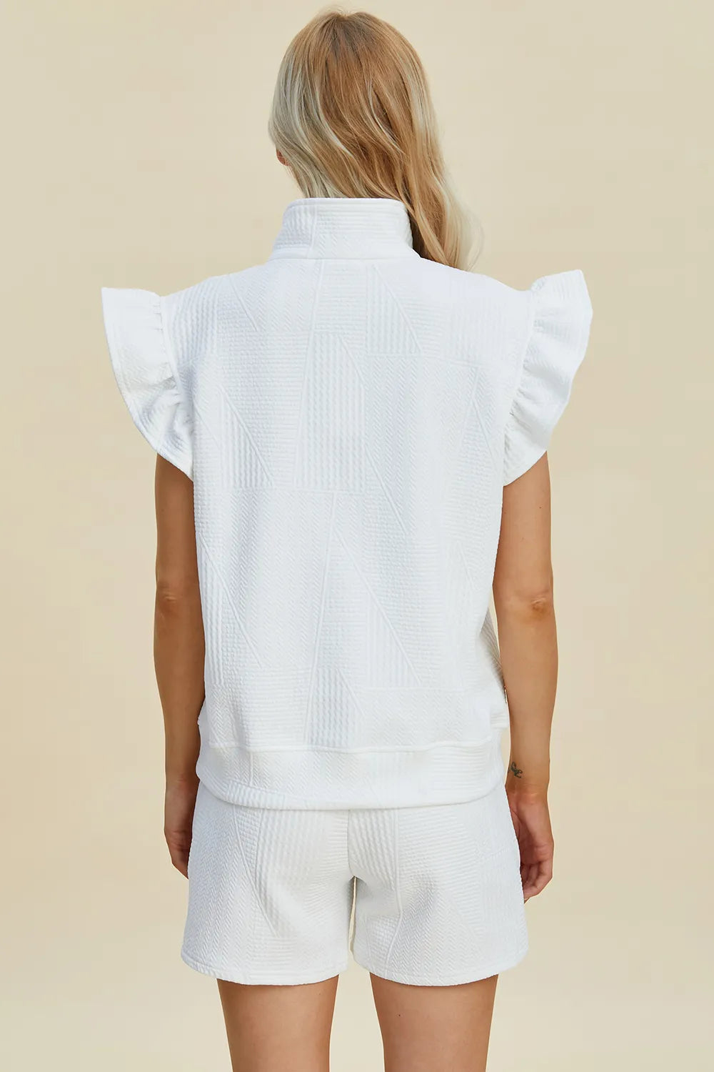 Double Take texture flounce sleeve top and shorts set front view on model