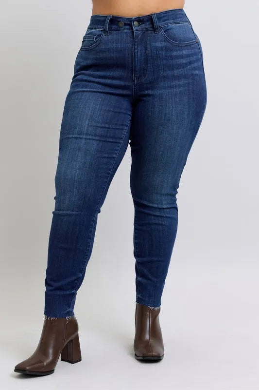 Judy Blue Plus Size Mid Rise Skinny Jeans – Raw Hem Denim - Fashorio