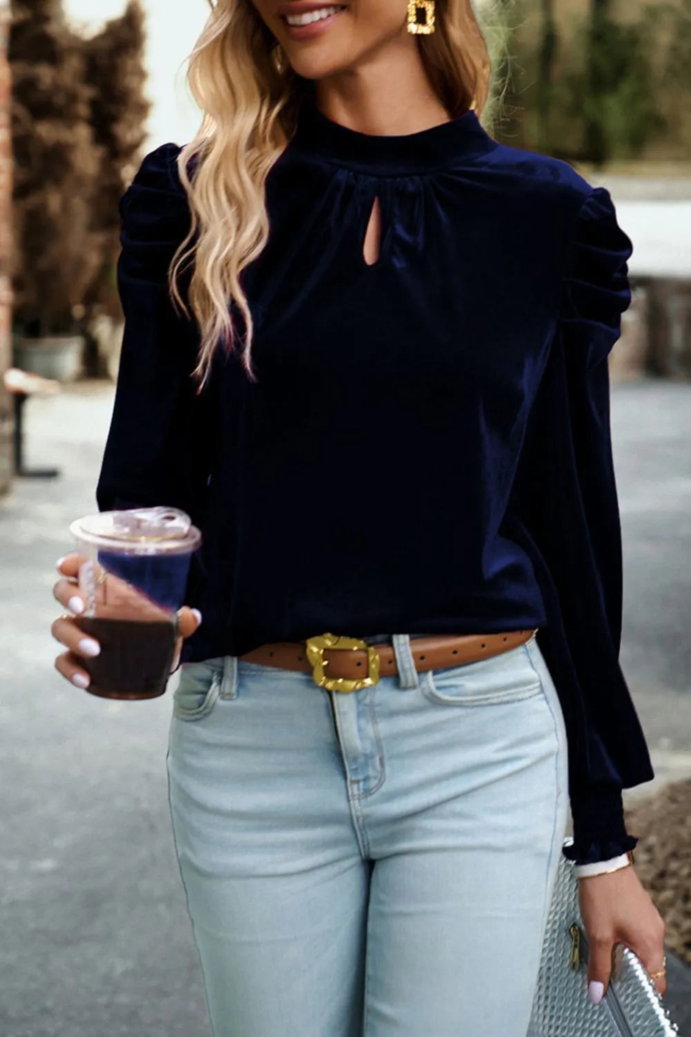 Tie Up Mock Neck Velvet Fabric Long Sleeve Blouse - Fashorio
