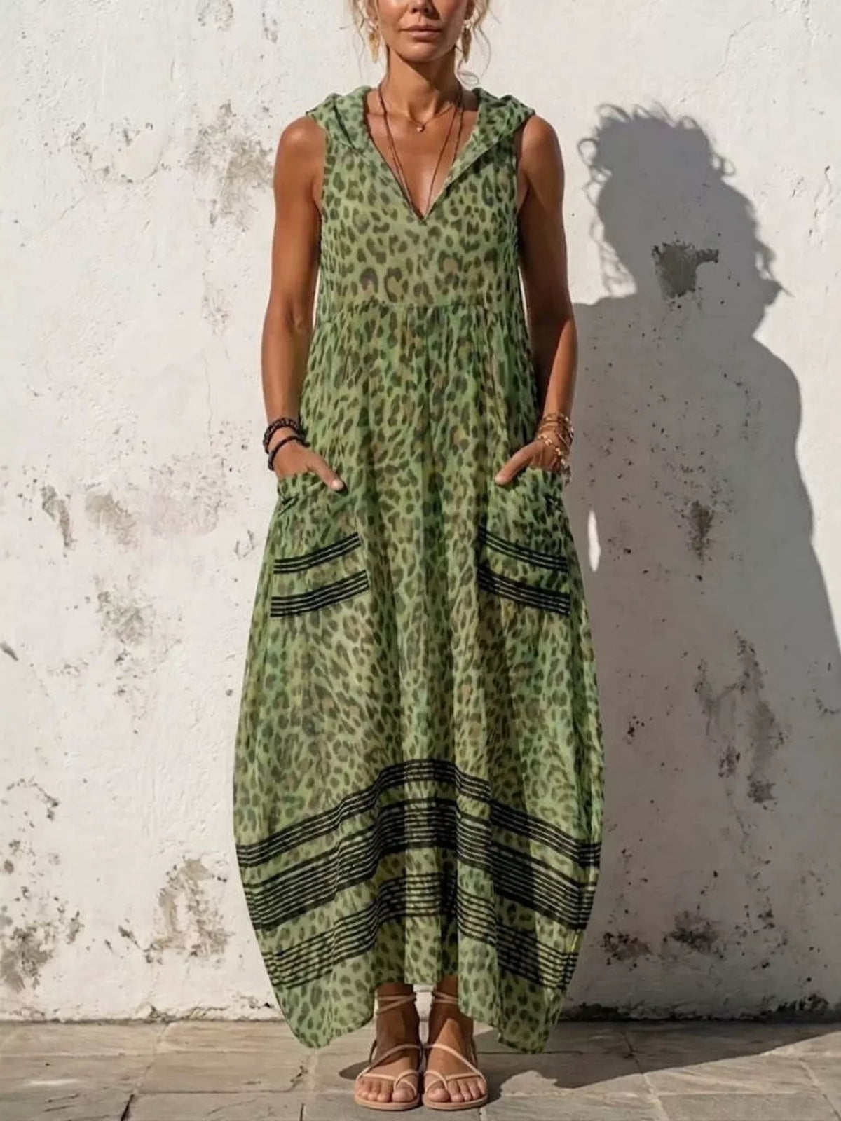 Sleeveless hooded leopard print maxi dress with pockets back view