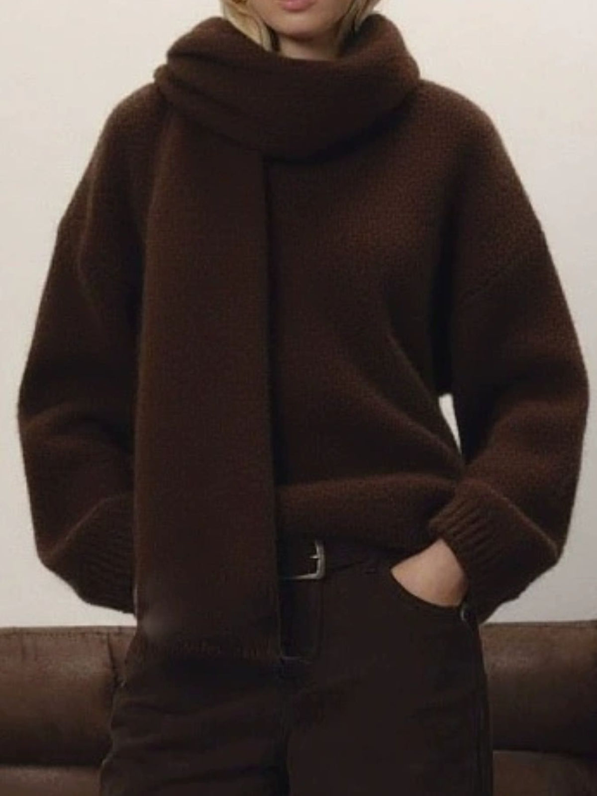 Oversized V Neck Dropped Shoulder Sweater with Scarf, view 17