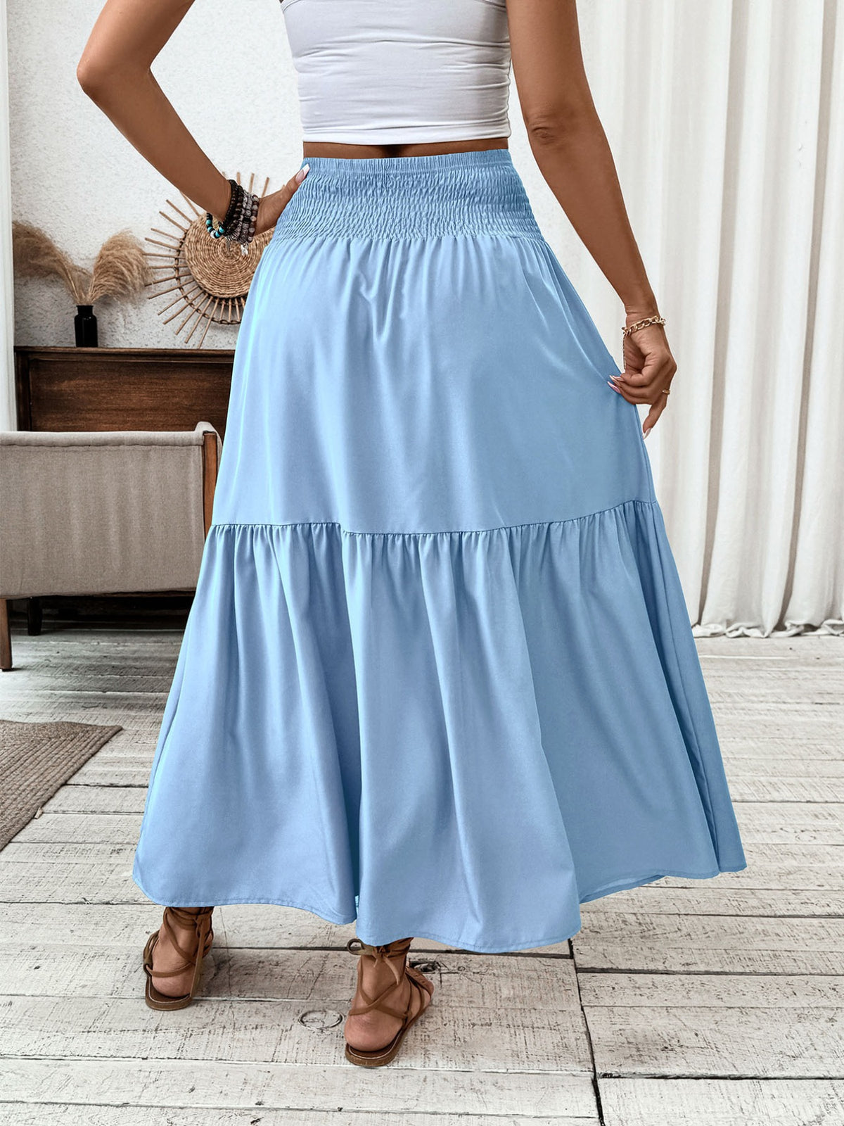 Back view of the smocked waist tiered skirt