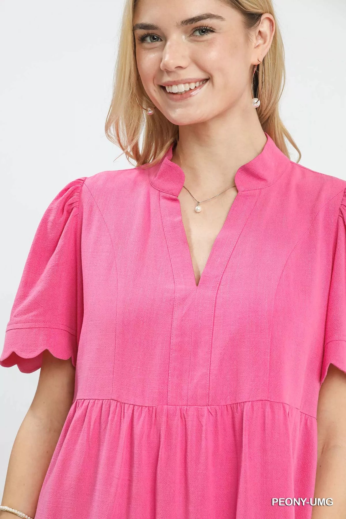 Linen Tiered Babydoll Dress with Scalloped Sleeves styled look