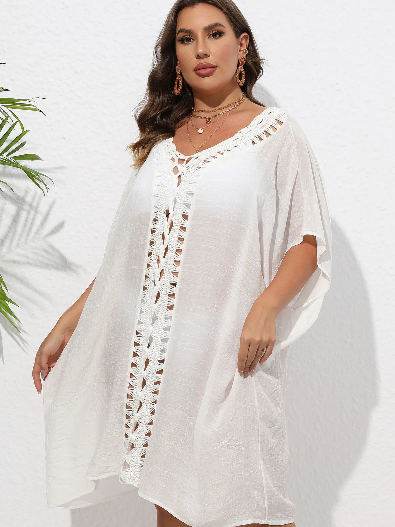 Crochet Trim V-Neck Beach Cover Up Dress - Fashorio