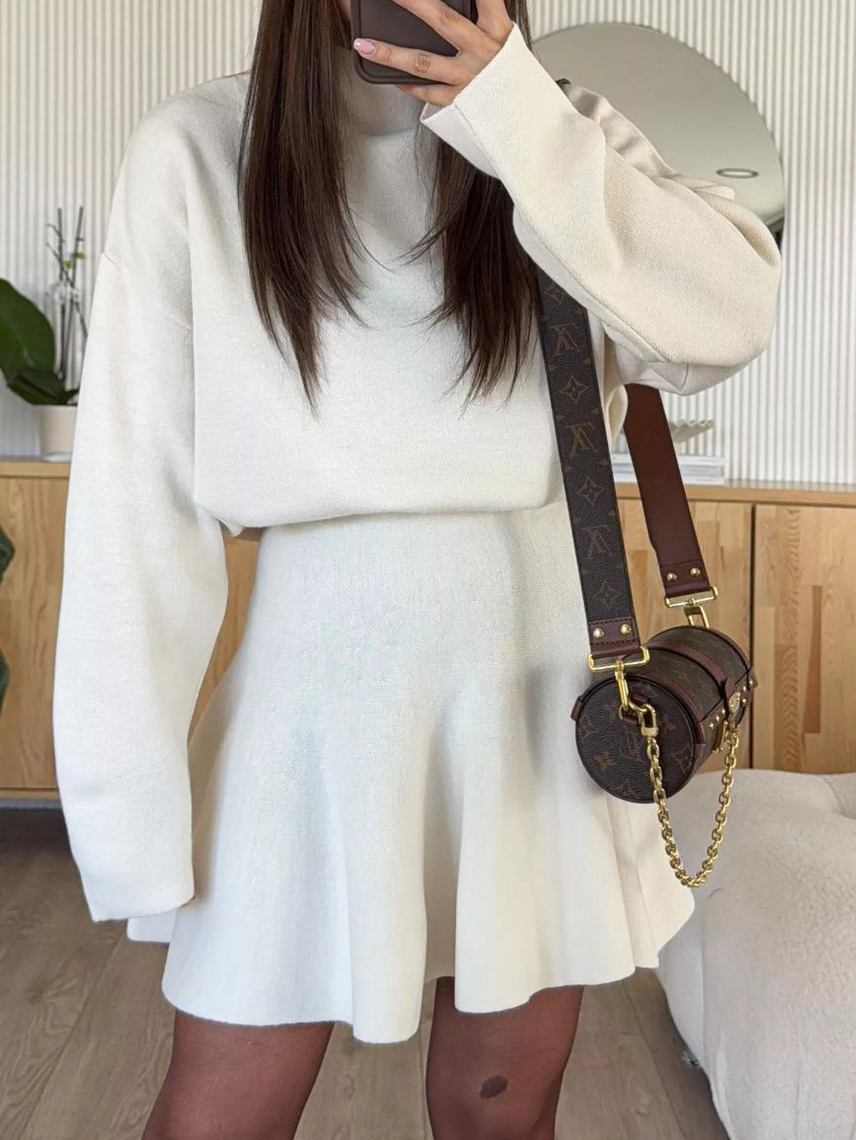 turtleneck sweater and knit skirt matching set side view