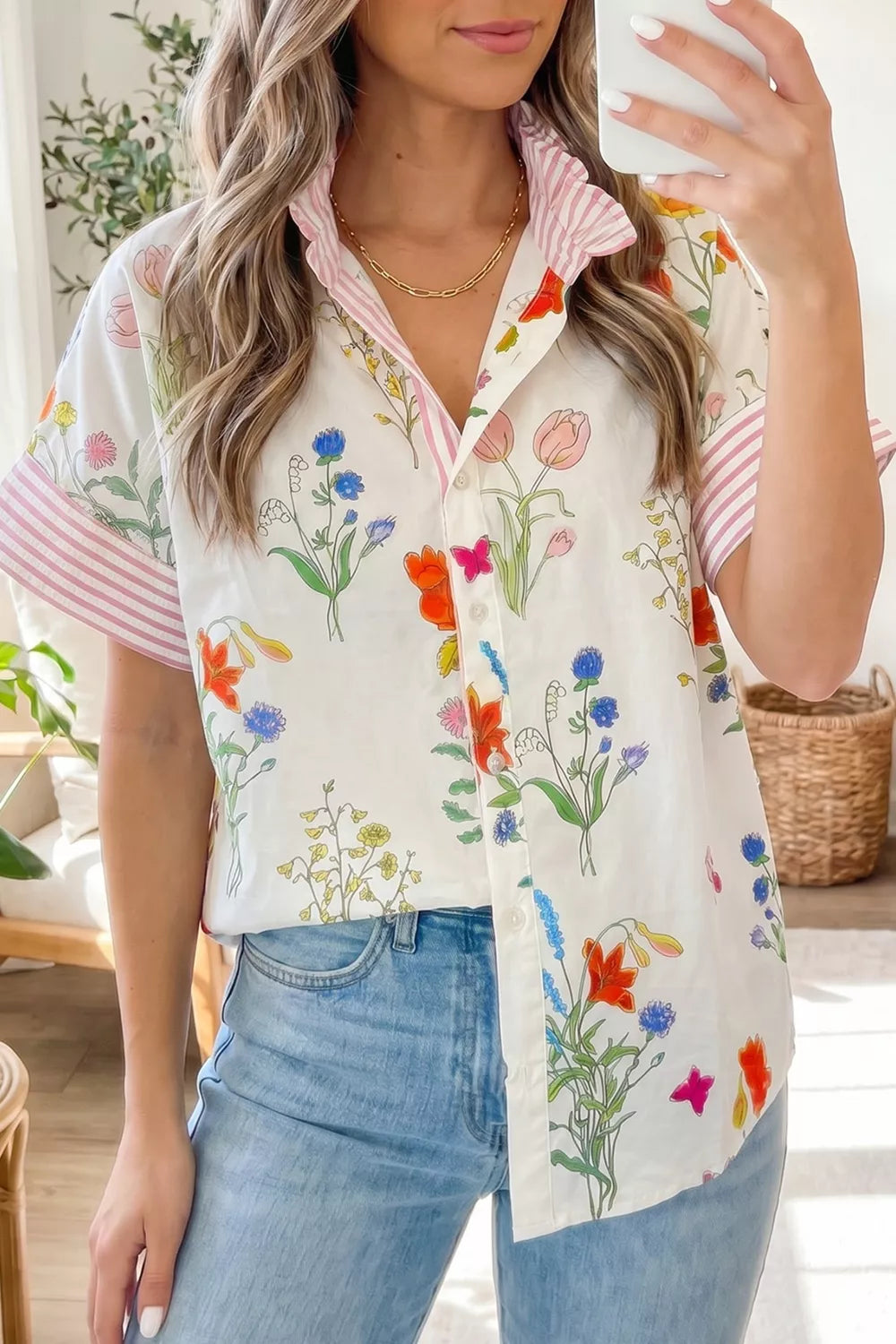 Beige floral stripe patchwork ruffle collar shirt back view
