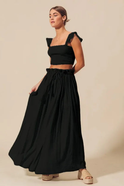SO ME Smocked Top and Flowy Maxi Skirt Set - Fashorio