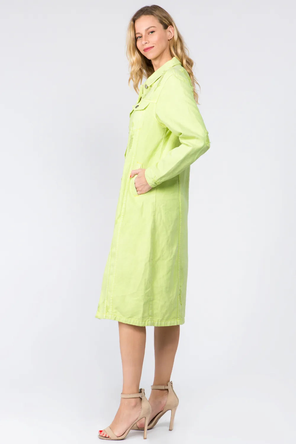 Distressed Denim Button Up Dress in Lime side view