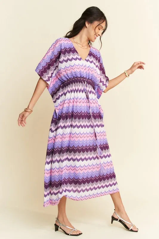 Wavy Print Tie Waist Flowy Dress in Lilac side view