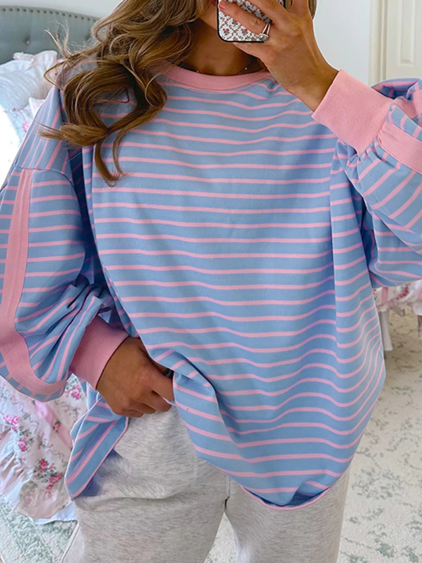 Stripe Oversize Contrast Trim Drop Shoulder Sweatshirt Blue Purple - Fashorio