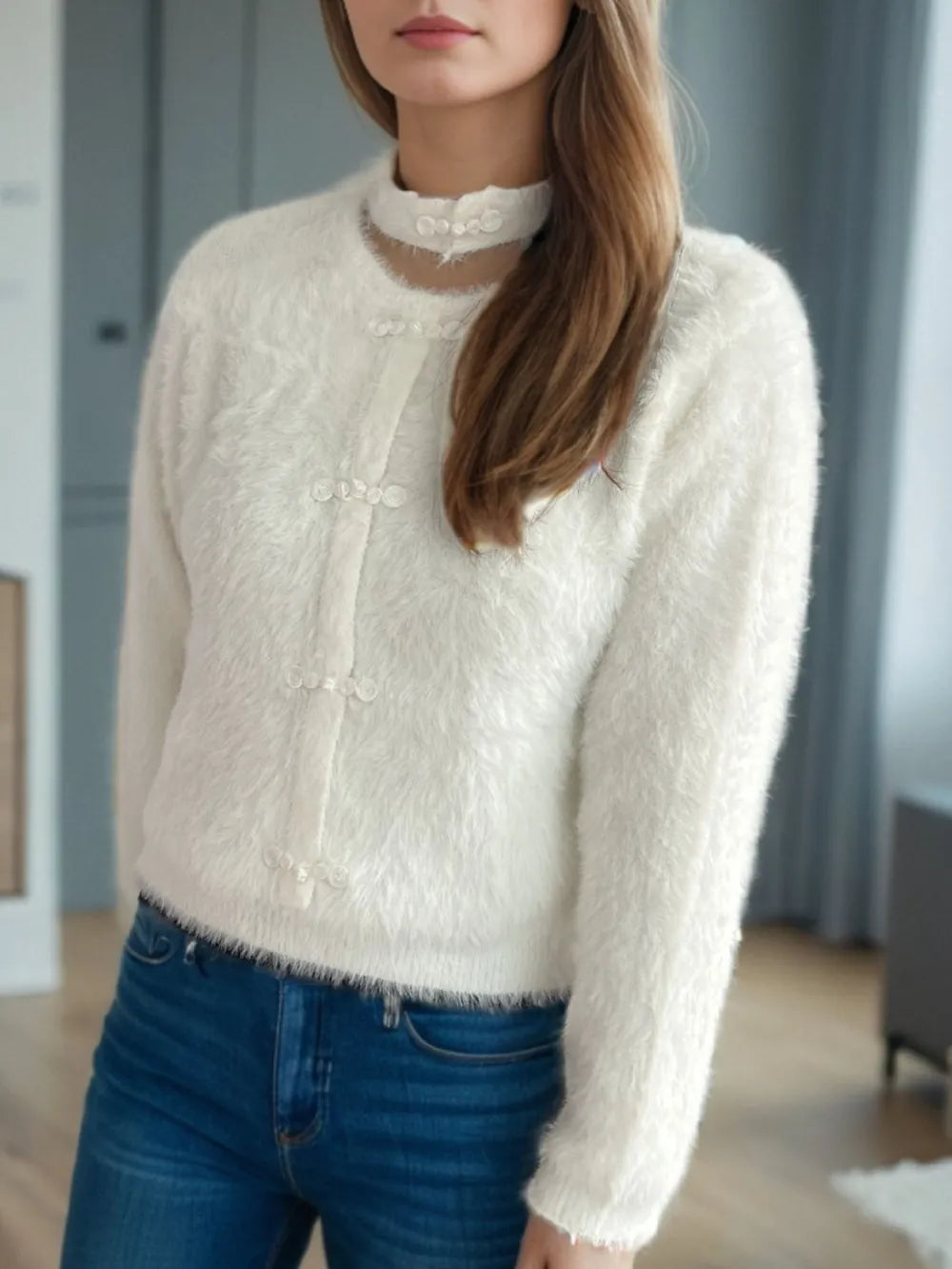 Cutout Knot Button Long Sleeve Cardigan - Fashorio