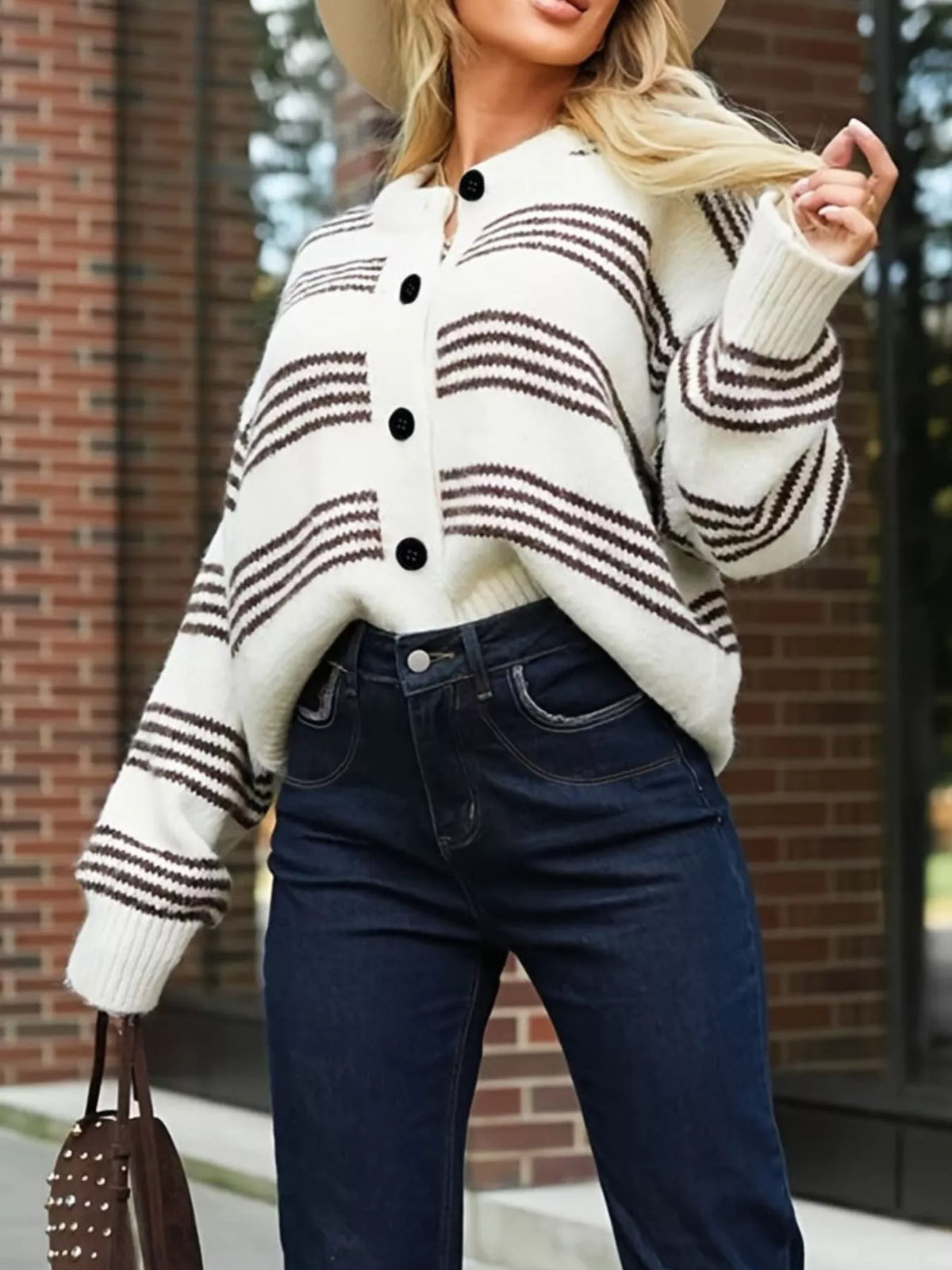 striped button down knit cardigan styled outfit view