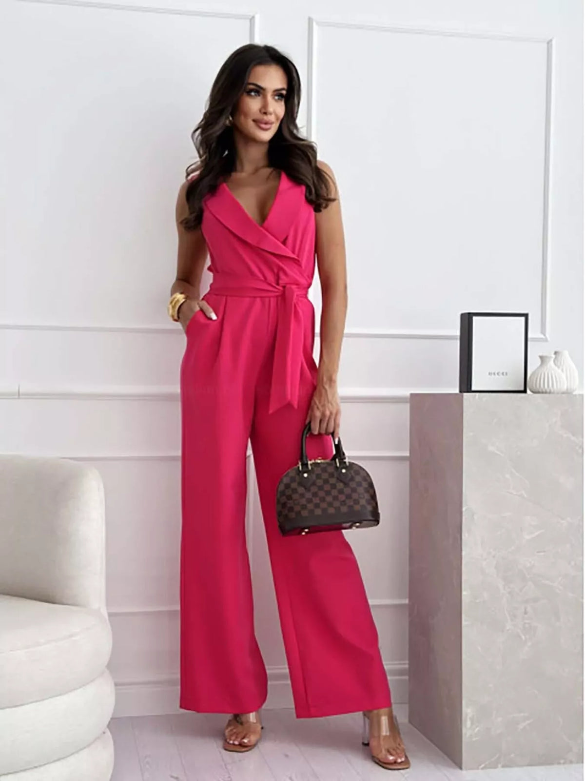 Surplice sleeveless wide leg jumpsuit, full front view