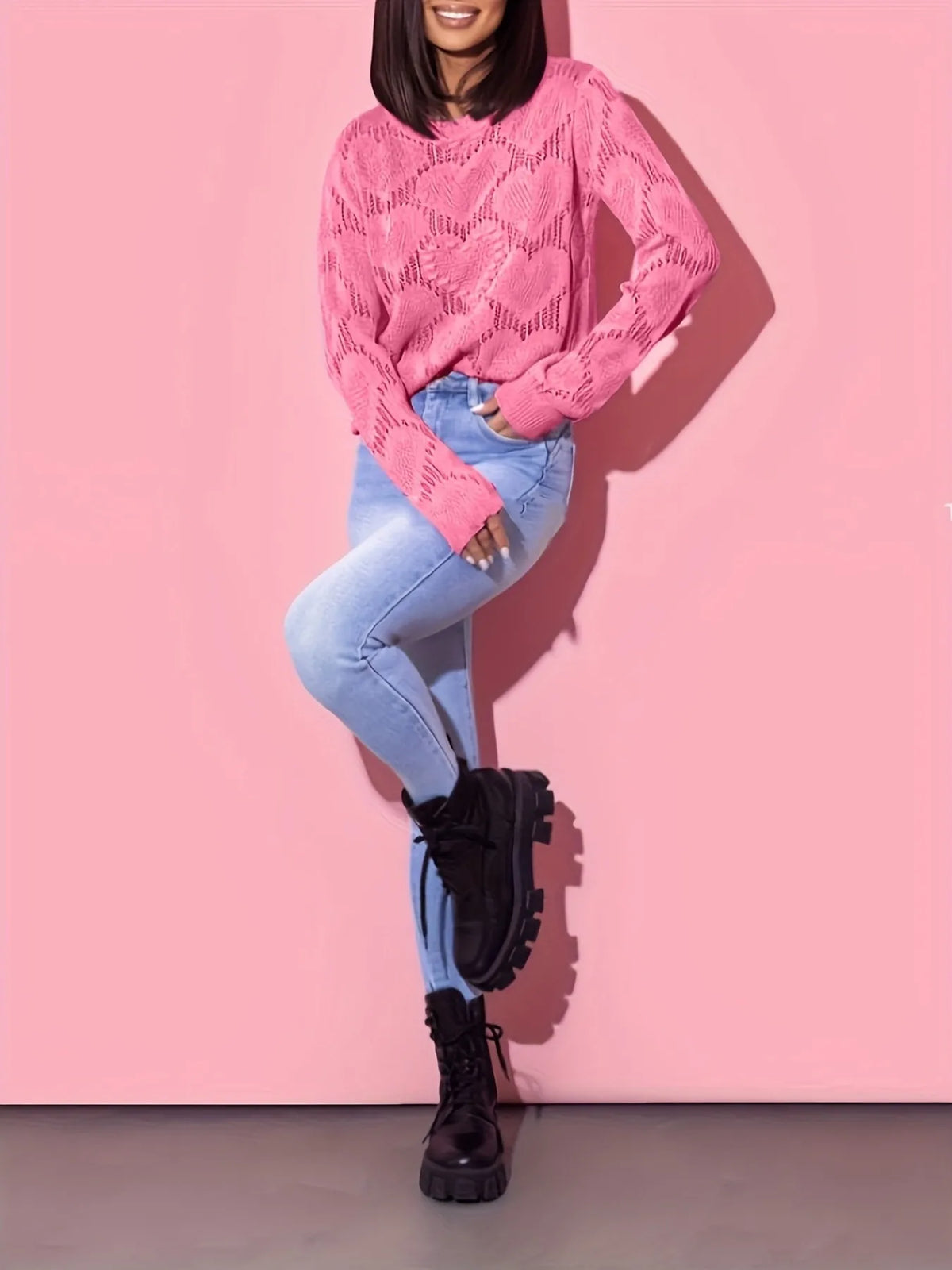 pink heart openwork round neck sweater back view