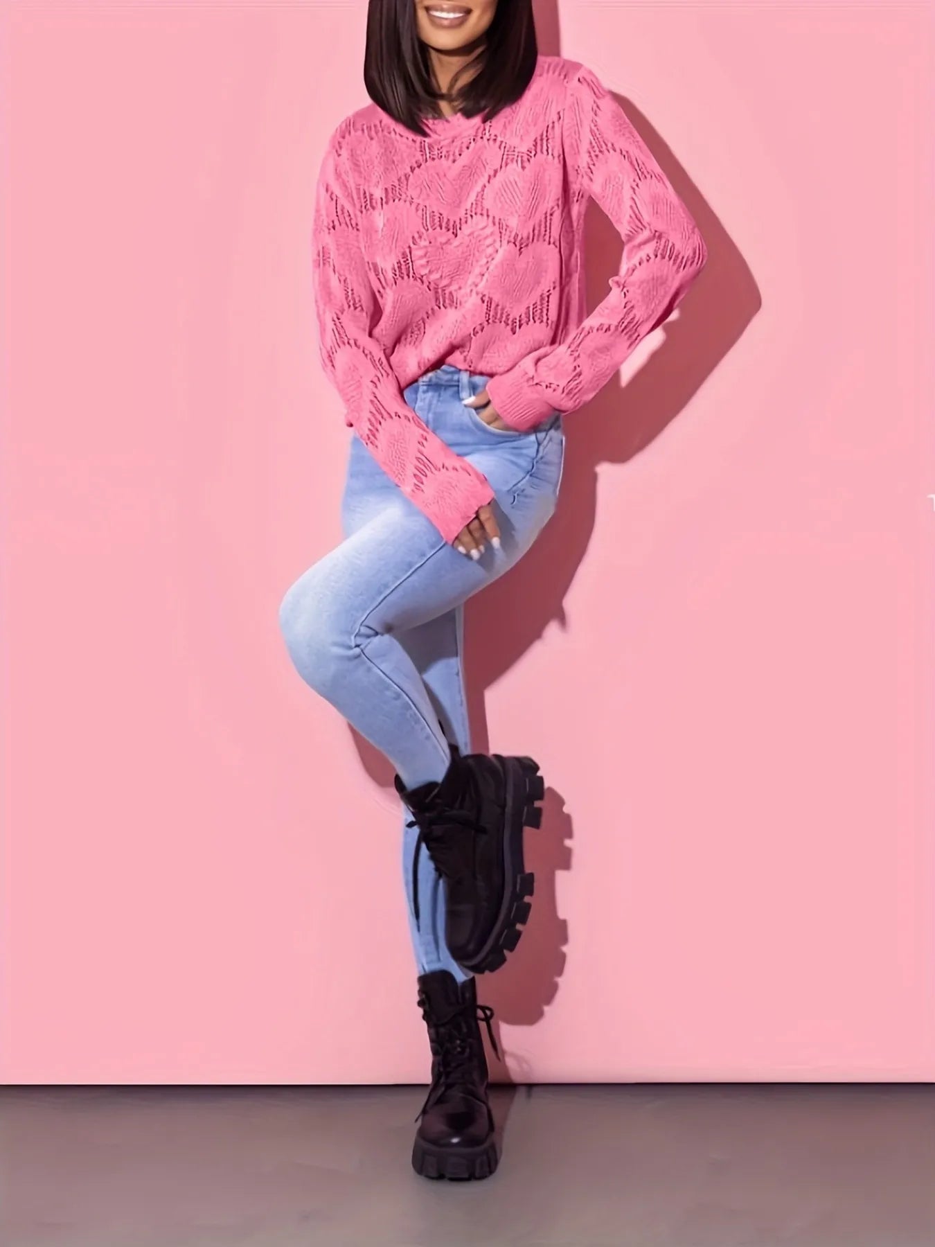 Heart Round Neck Long Sleeve Sweater - Fashorio