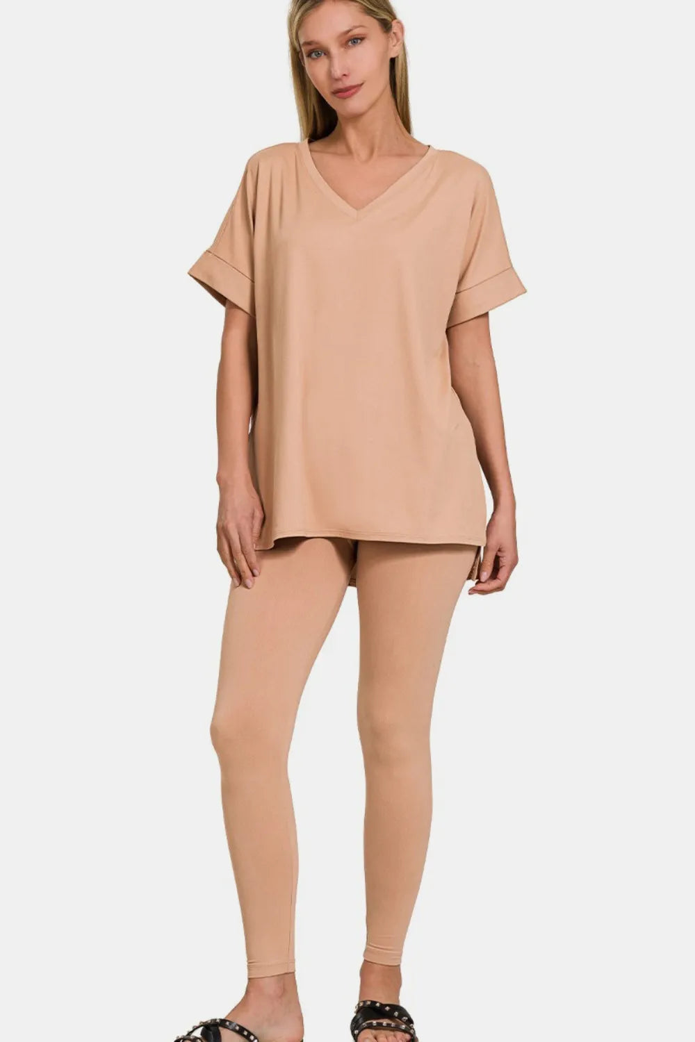 Zenana Full Size V-Neck Rolled Short Sleeve T-Shirt and Leggings Lounge Set Brush - Fashorio