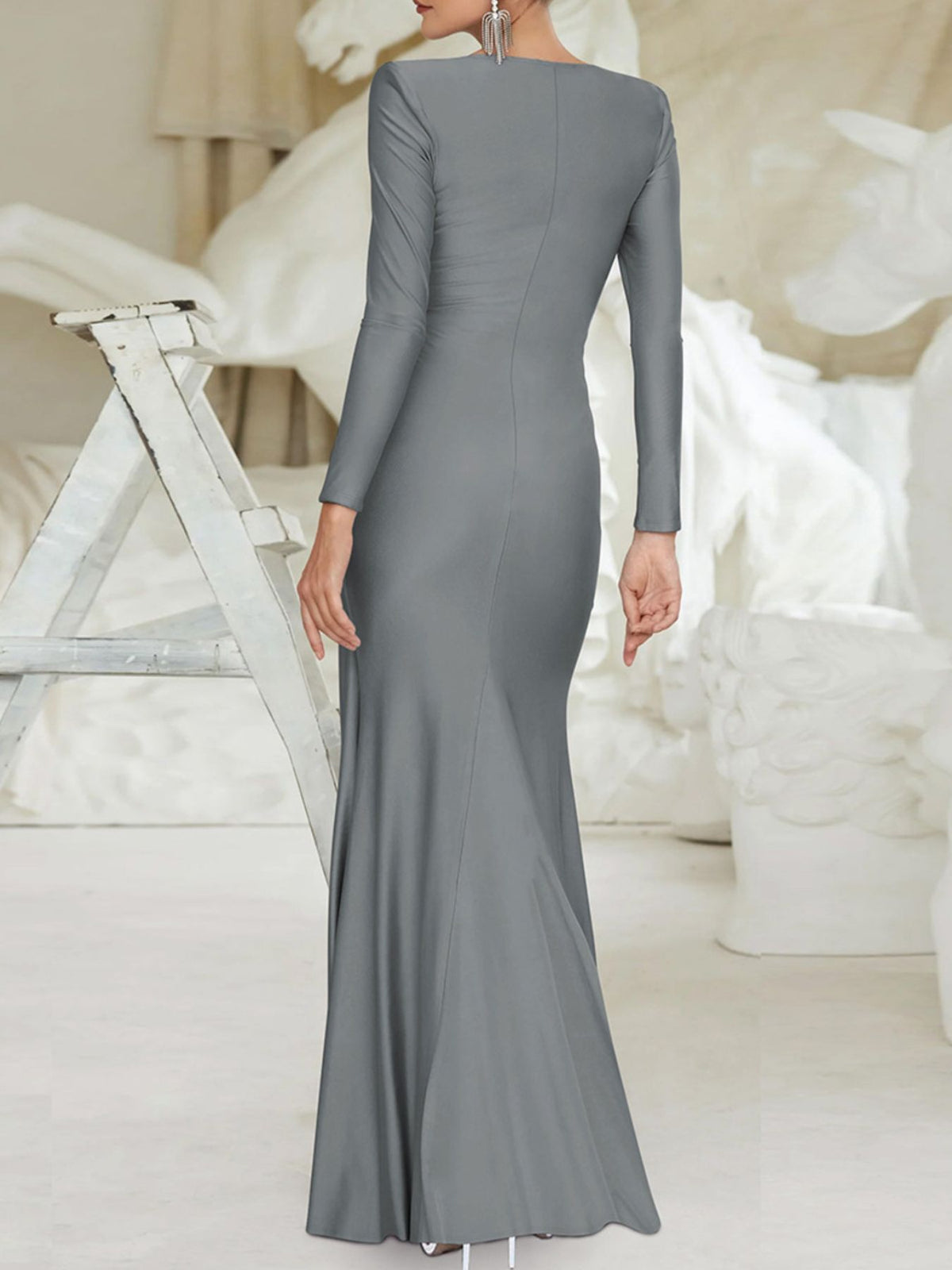 Ruched knot front long sleeve maxi dress detail view