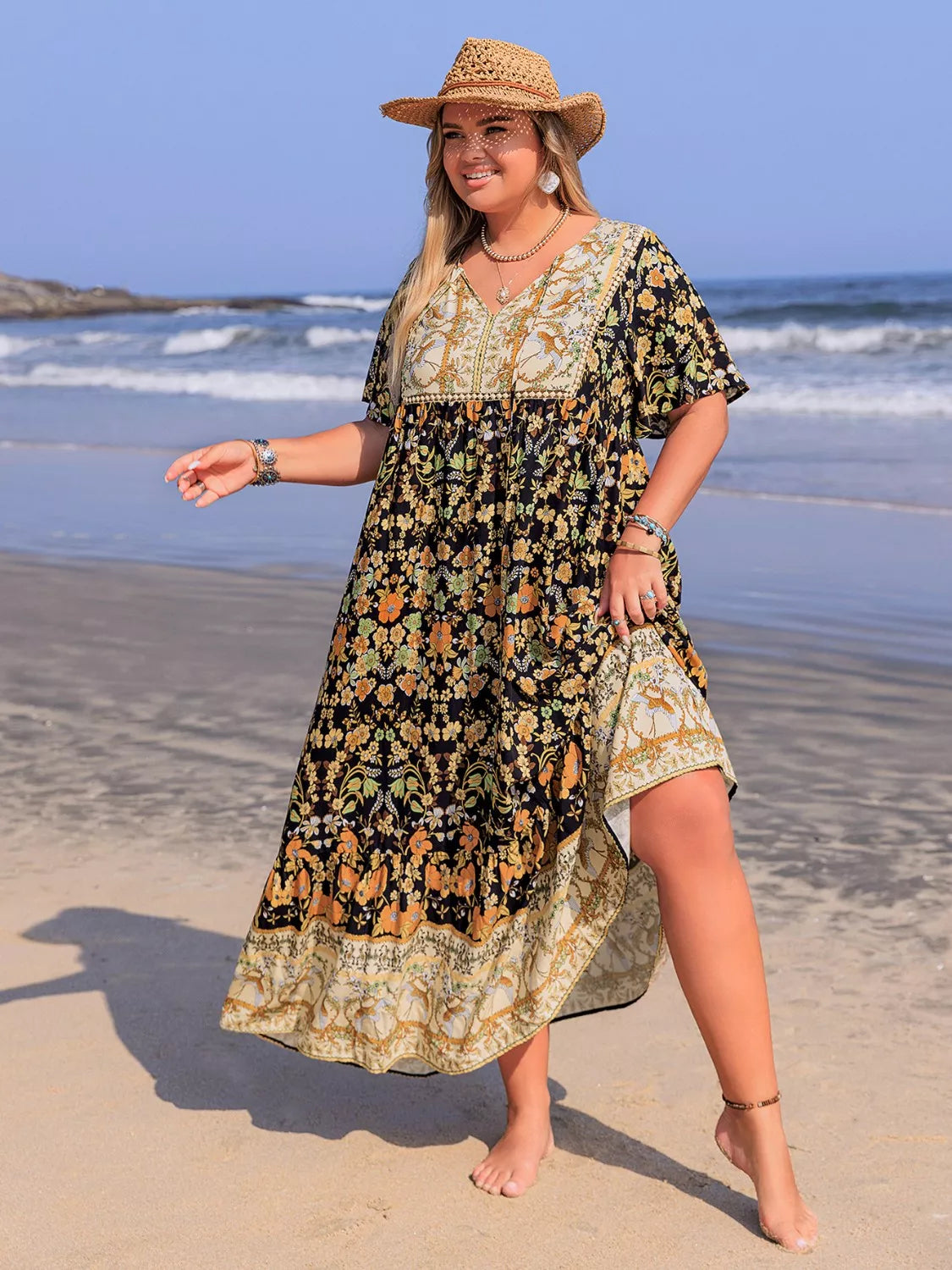 Plus size bohemian floral tiered maxi dress front view