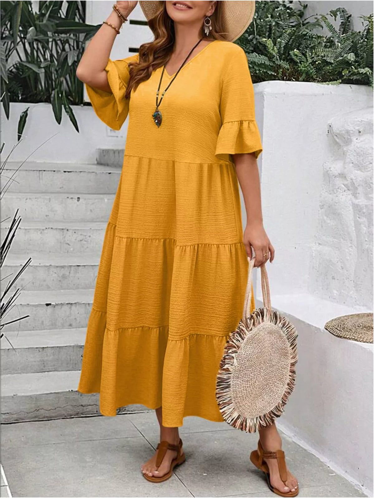 Plus Size Ruffle Sleeve Tiered Midi Dress, view 20