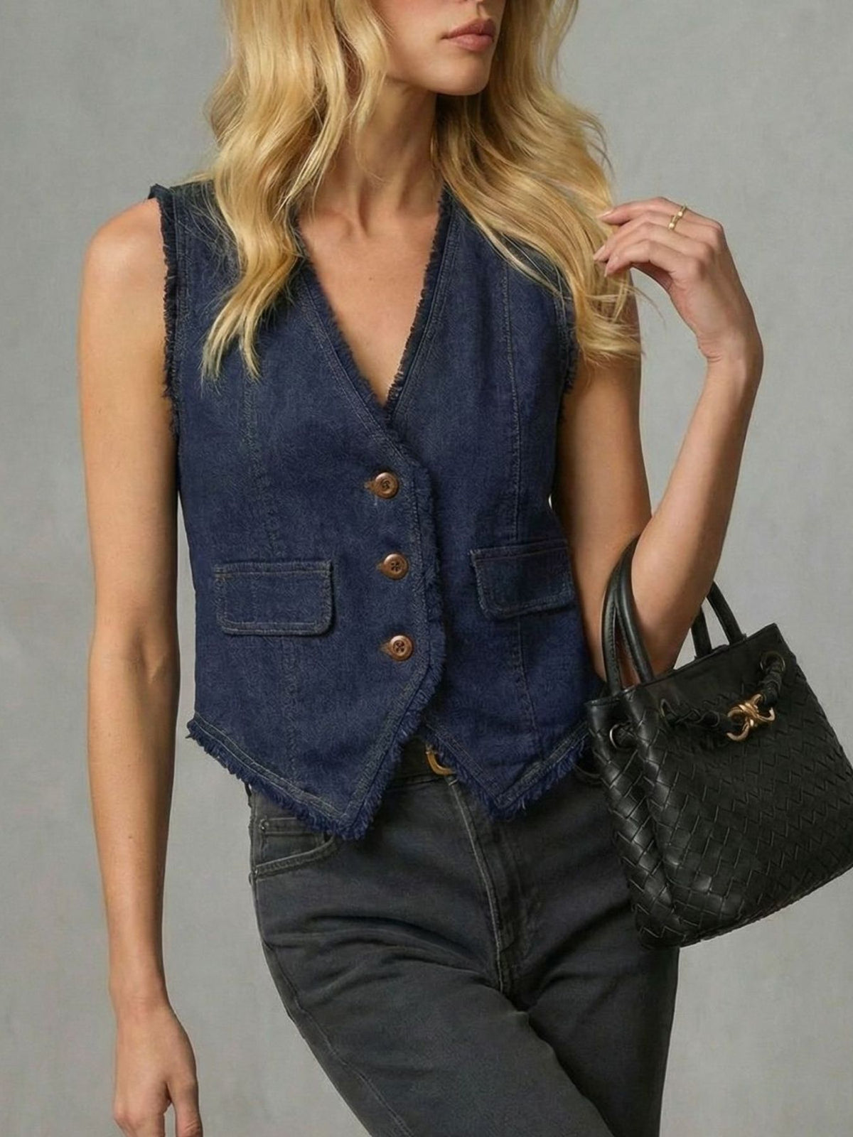 Frayed Hem Denim Vest in Dark Navy styled look