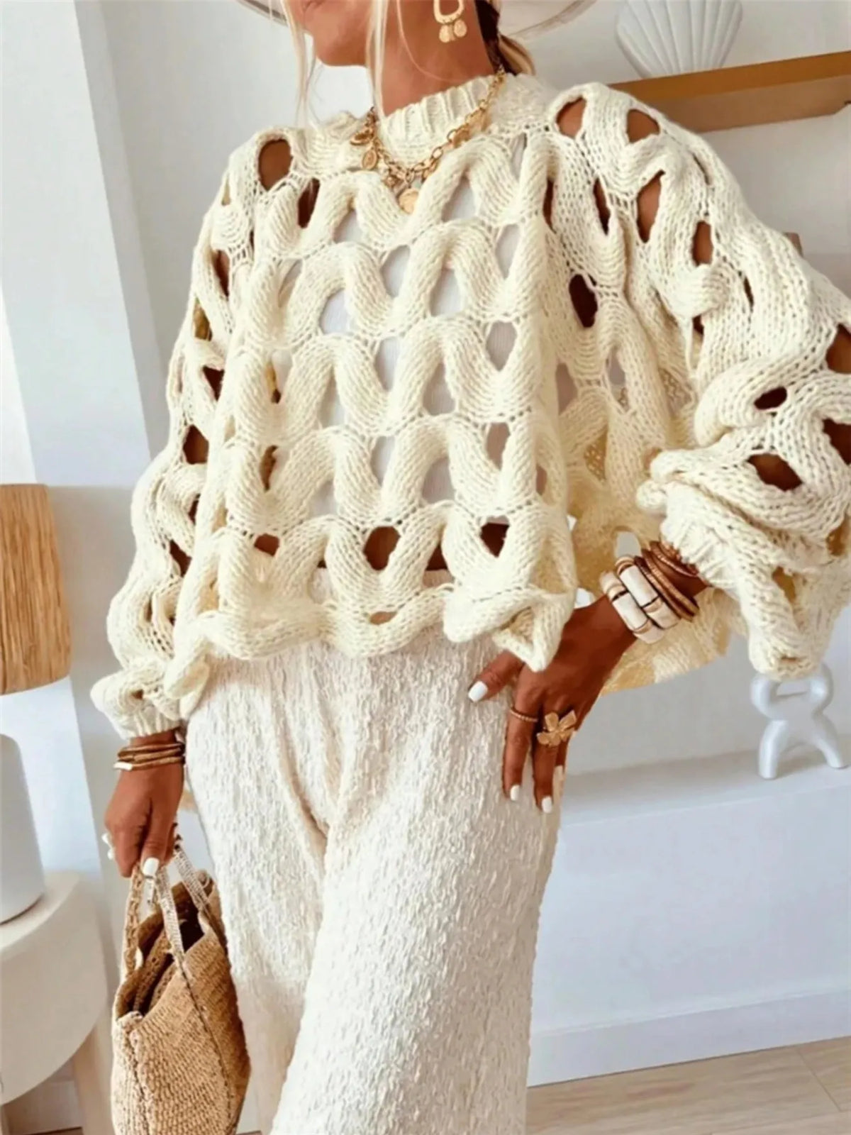 Chunky Cable Knit Cutout Sweater styled look